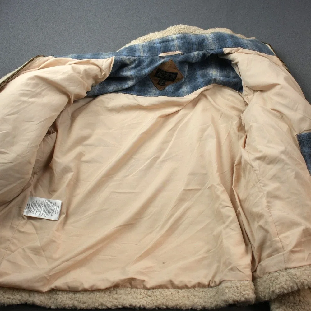 Pendleton Beige Sherpa Fleece Jacket Plaid Wool Lined Full Zip Warm Womens